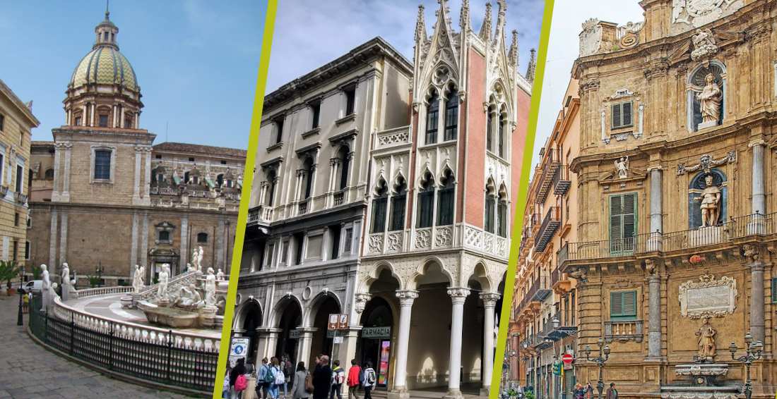 three building exteriors